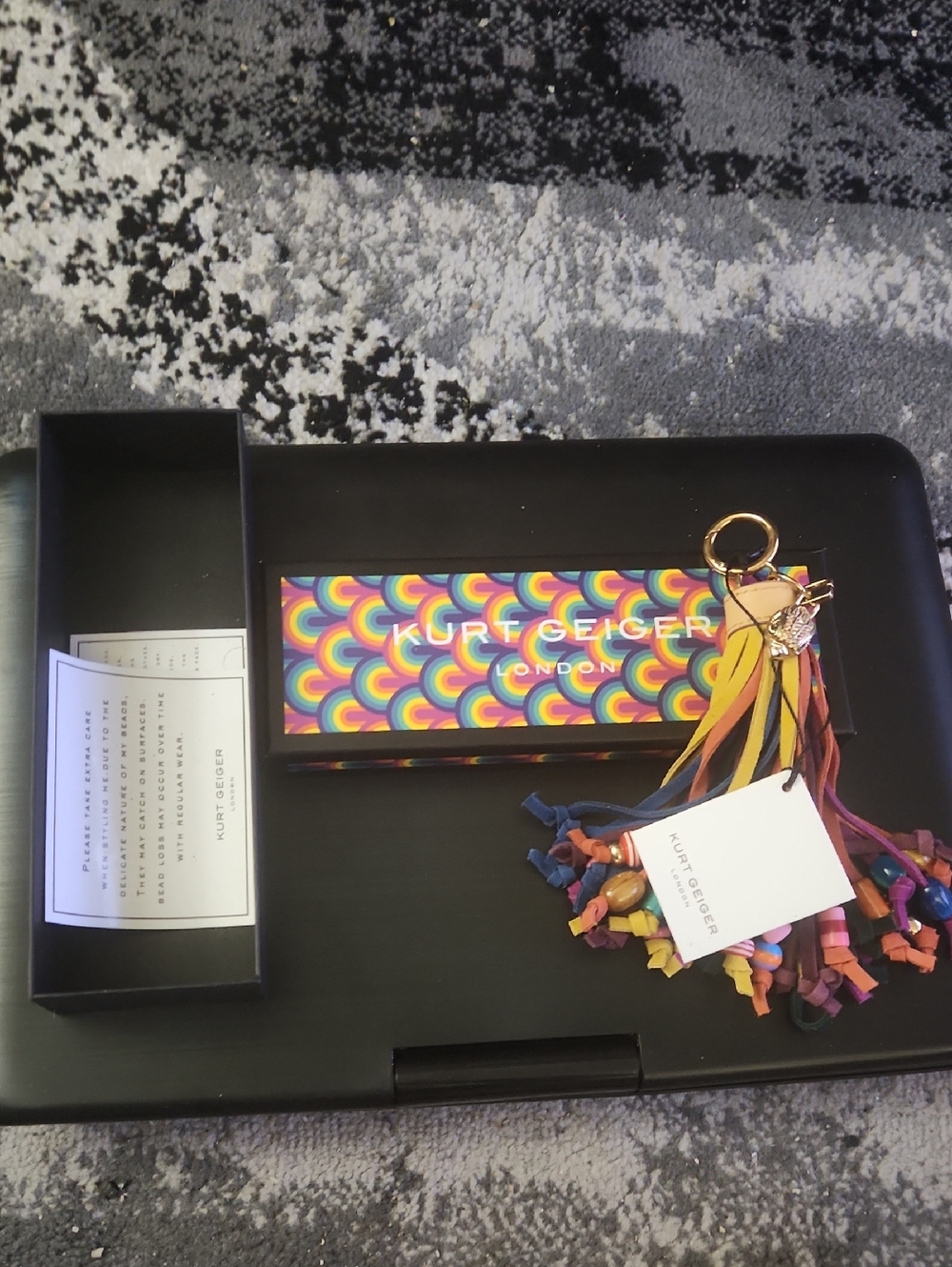 Kurt Geiger Rainbow Leather Tassel Keyring with Gold Hardware
